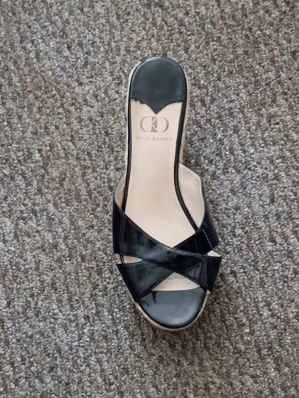 Kelsi Dagger Black Patent Crossband Slide Mule Wedges Size 10 Women's